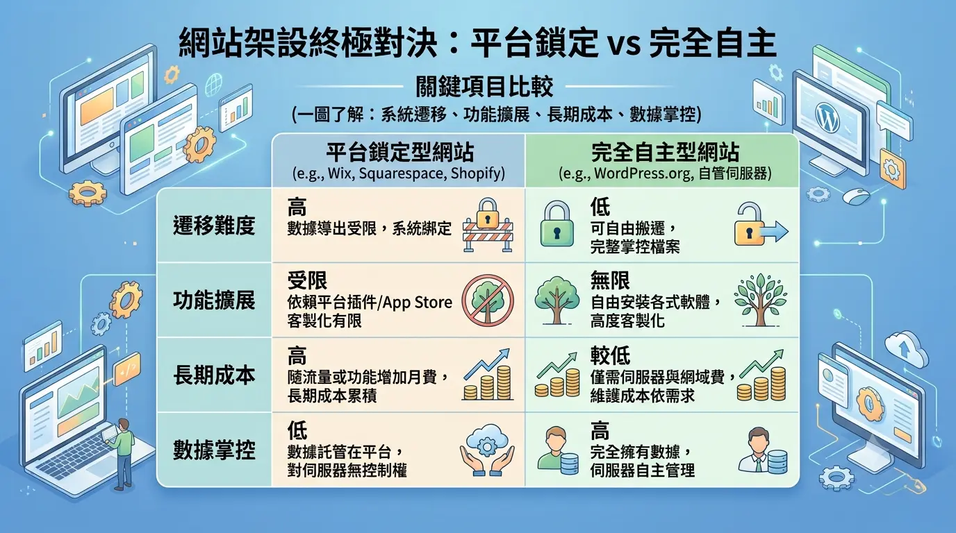 平台綁定網站與自主權網站的對比表格