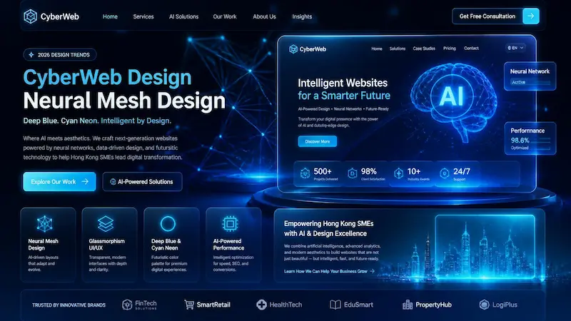 CyberWeb Design Neural Mesh Design 深藍青色霓虹玻璃態網站效果